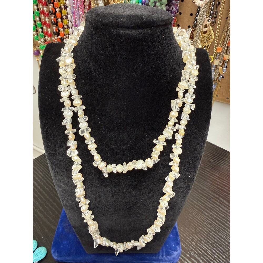 Vintage 925 Sterling Silver White Amethyst Pearl Beaded Layering Necklace 34"